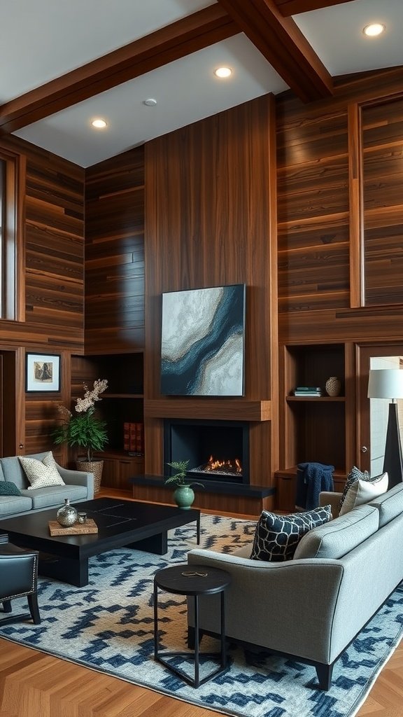 Modern living room with dramatic wood paneling and oversized lettering on the wall.