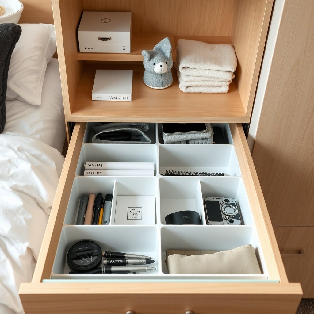 An organized drawer with dividers separating various items like pens, notebooks, and small clothing.