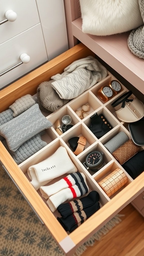 Organized drawer with dividers featuring socks, watches, and accessories.