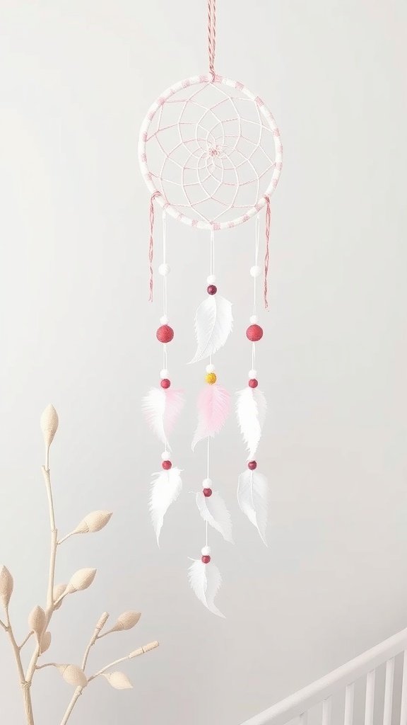 Dreamcatcher mobile hanging in a nursery with pink and white feathers.