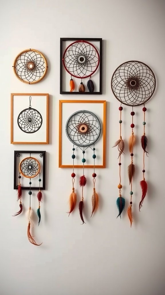 A collection of decorative dreamcatchers framed on a wall.