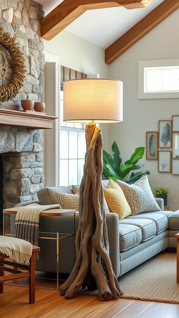 Driftwood inspired floor lamp in a cozy living room setting
