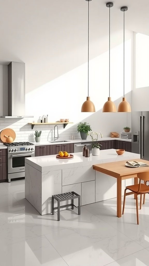Modern kitchen with a dual-level island featuring a cooking area and dining space.