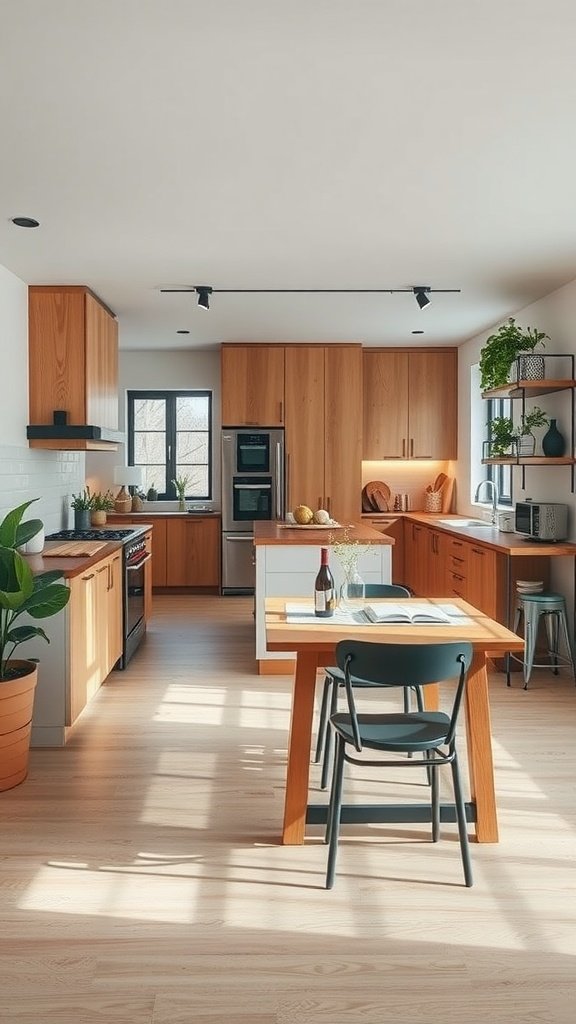 A modern open kitchen with dual-purpose furniture, featuring a dining table and functional kitchen layout.