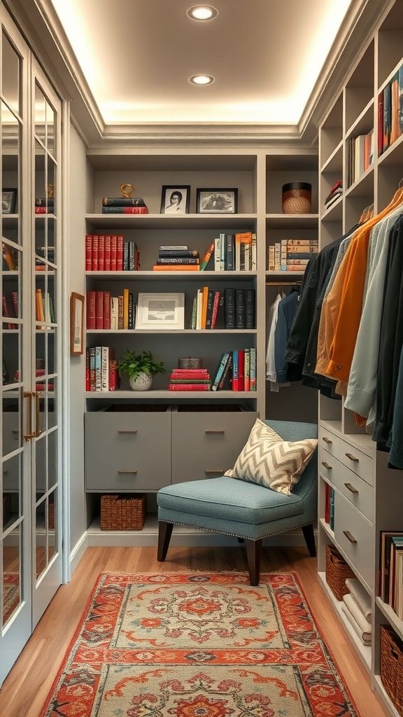 Cozy reading nook in a walk-in closet with a chair, bookshelves, and stylish decor.