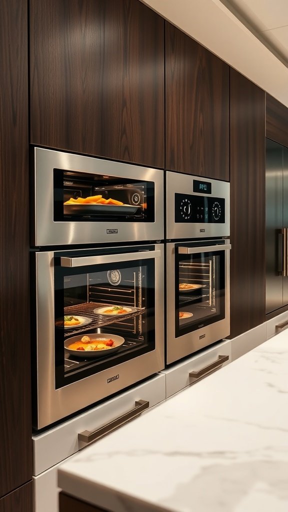 A modern kitchen featuring dual ovens with stainless steel finishes, showcasing dishes inside.