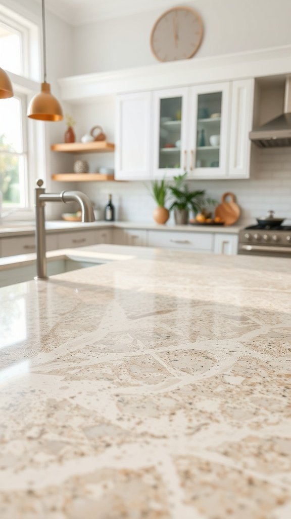 A close-up of a beautiful kitchen countertop made of durable stone.