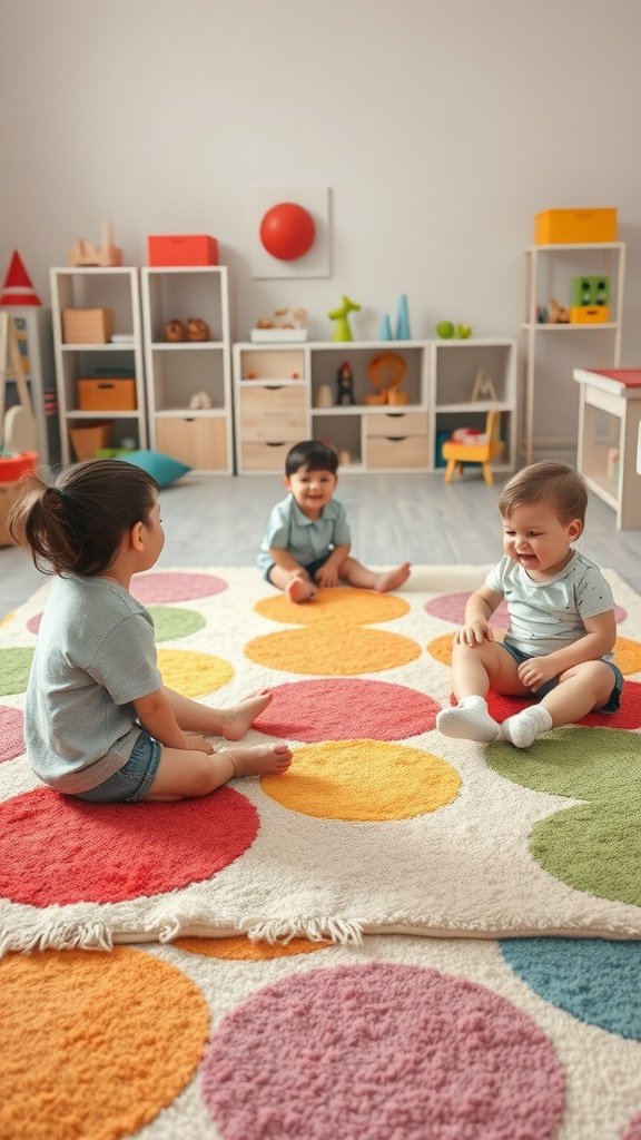 Children playing on a colorful, durable rug in a playroom.