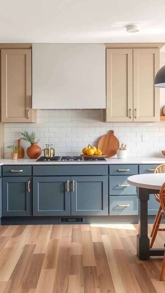 A kitchen featuring dusky blue and beige two-tone cabinets, with a modern and inviting design.