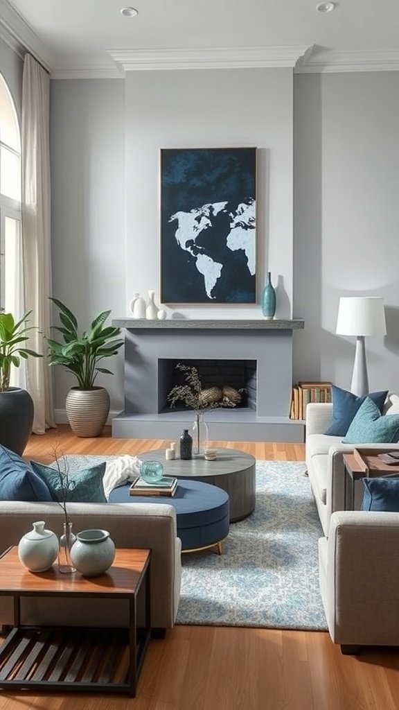 A serene living room featuring dusty blue highlights with neutral decor.