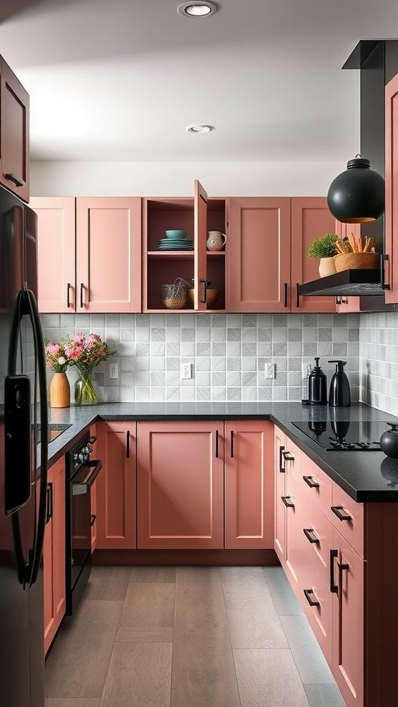 A stylish kitchen featuring dusty rose cabinets with black elements and a modern aesthetic.