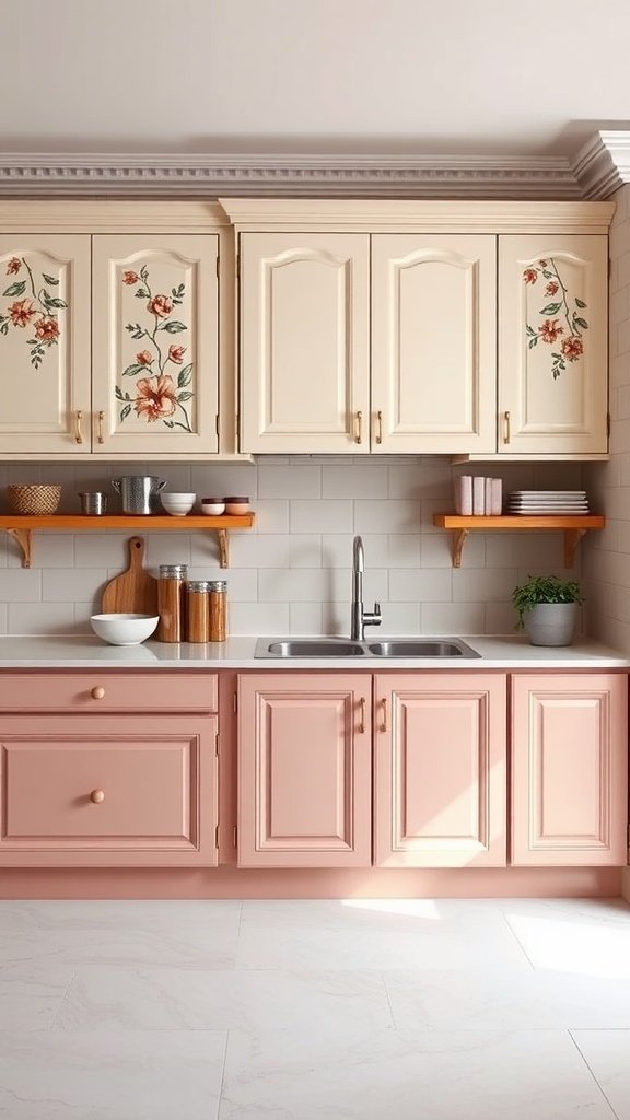 A kitchen featuring dusty rose and cream two-tone cabinets.
