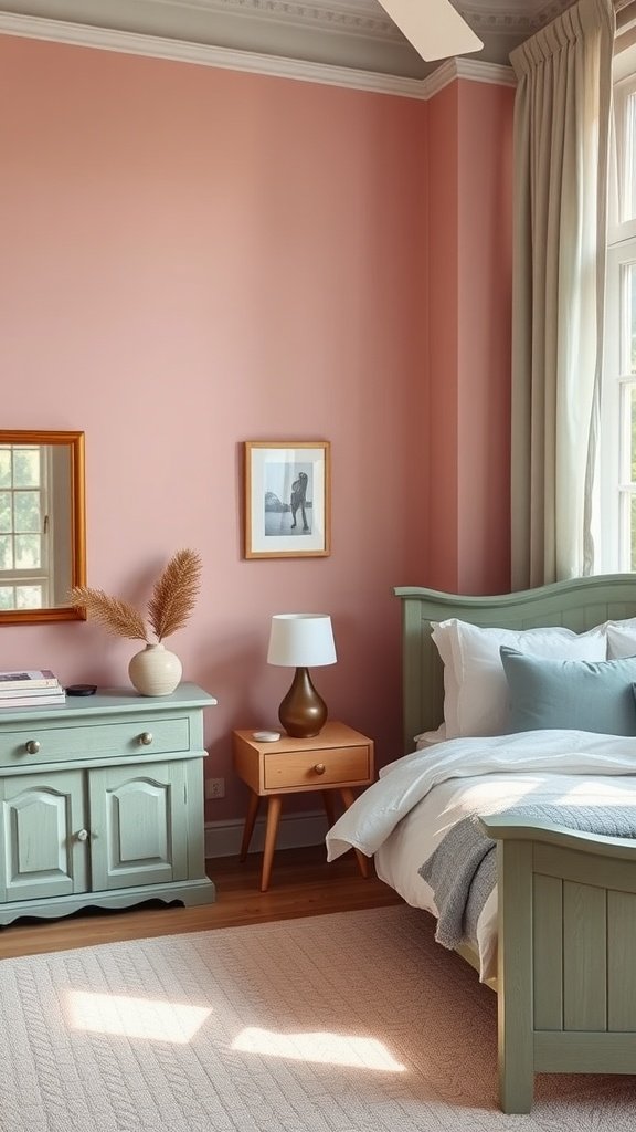 A stylish bedroom featuring dusty rose walls and sage green furniture.