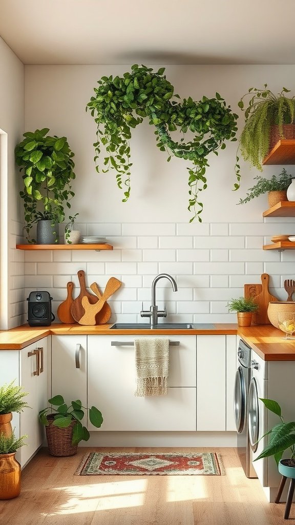 A cozy boho kitchen featuring greenery and wooden accents.