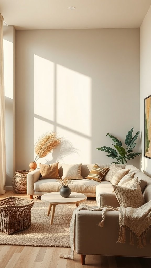 A cozy living room with a beige sofa, a round coffee table, and plants, bathed in natural light.