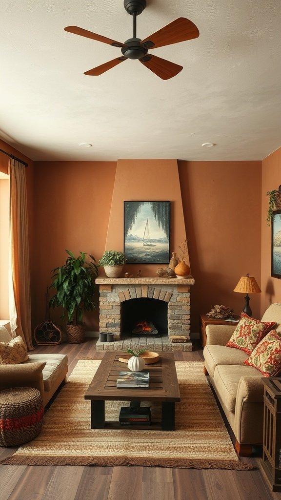 A warm living room featuring earthy clay hues with a cozy design.