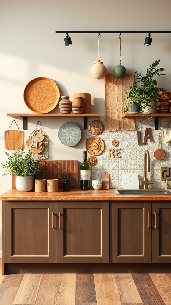 A boho kitchen featuring earthy colors with wooden cabinets and decorative pottery.