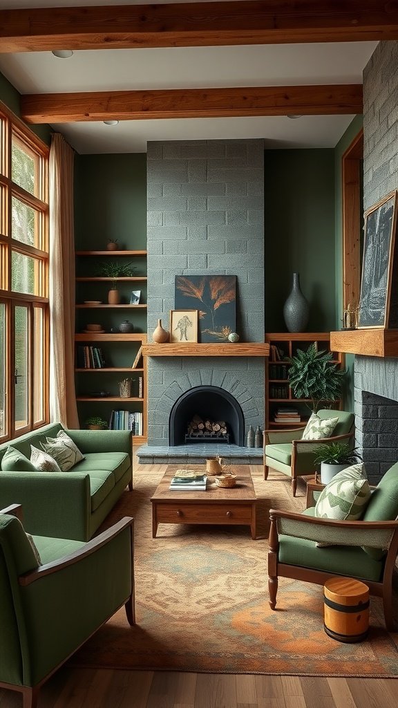 Cozy living room with earthy tones, a fireplace, and plants.