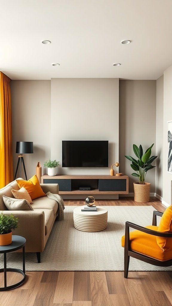 A stylish living room featuring olive green accents and mustard yellow pillows, complemented by wooden flooring and modern furniture.