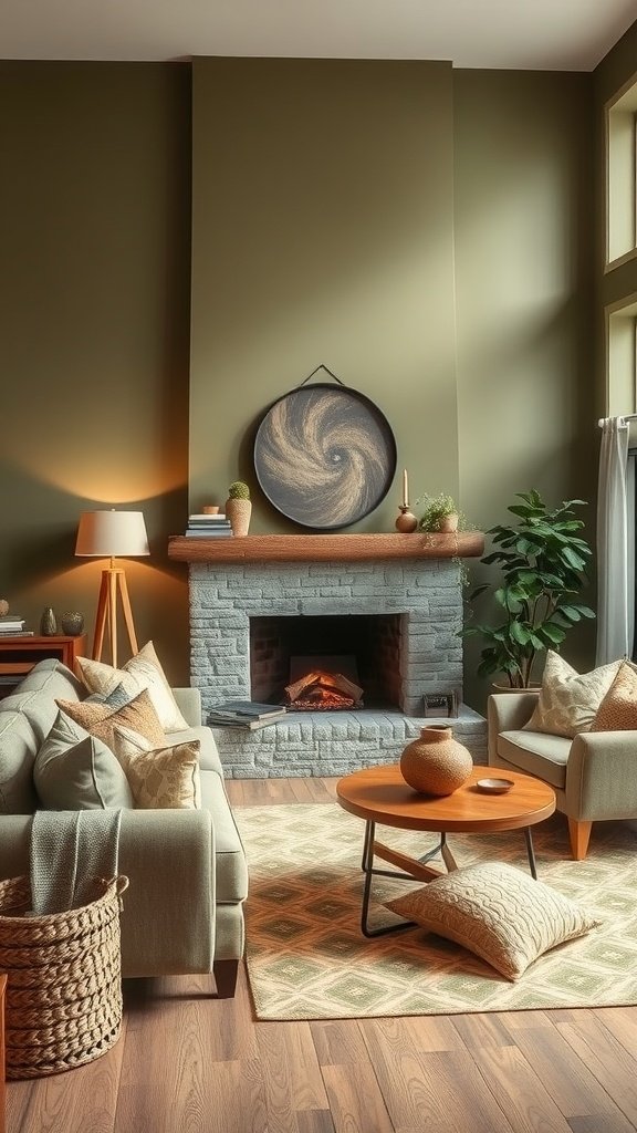 A cozy olive green living room with plants and wooden furniture.