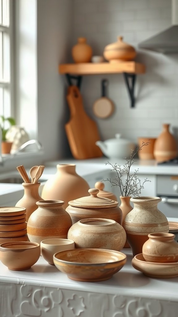 A collection of terracotta pottery displayed in a kitchen setting.