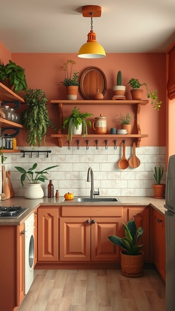 A cozy kitchen showcasing earthy terracotta tones with plants and wooden shelves.