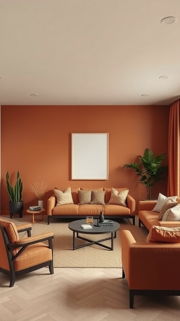 A stylish earthy living room with terracotta walls and furniture.