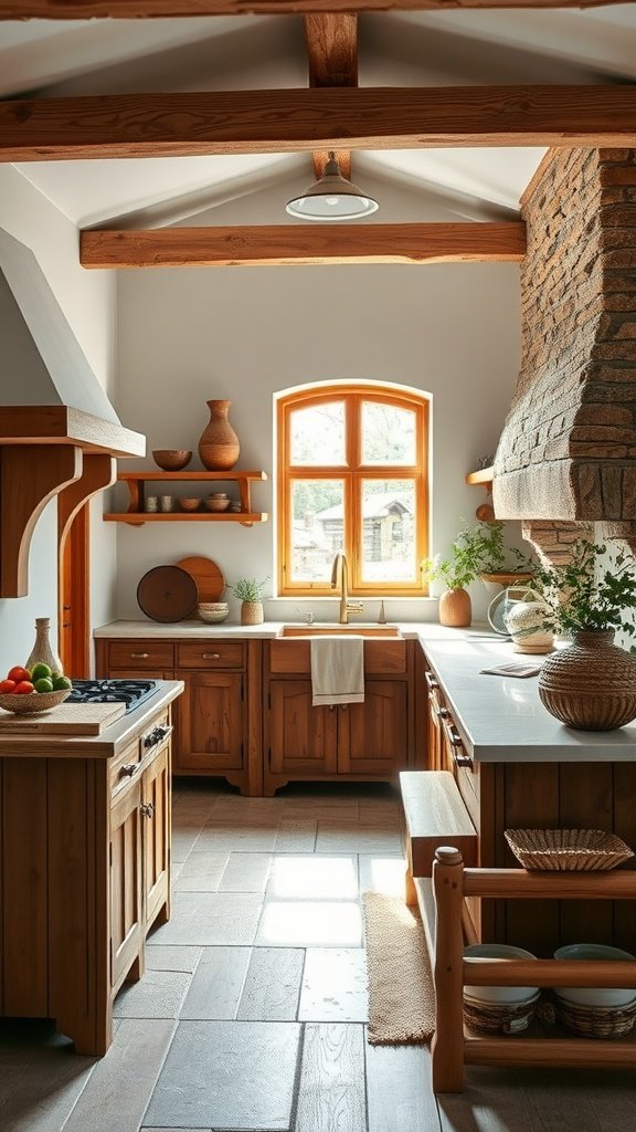 Cozy farmhouse kitchen featuring wooden beams, warm cabinetry, and earthy materials.
