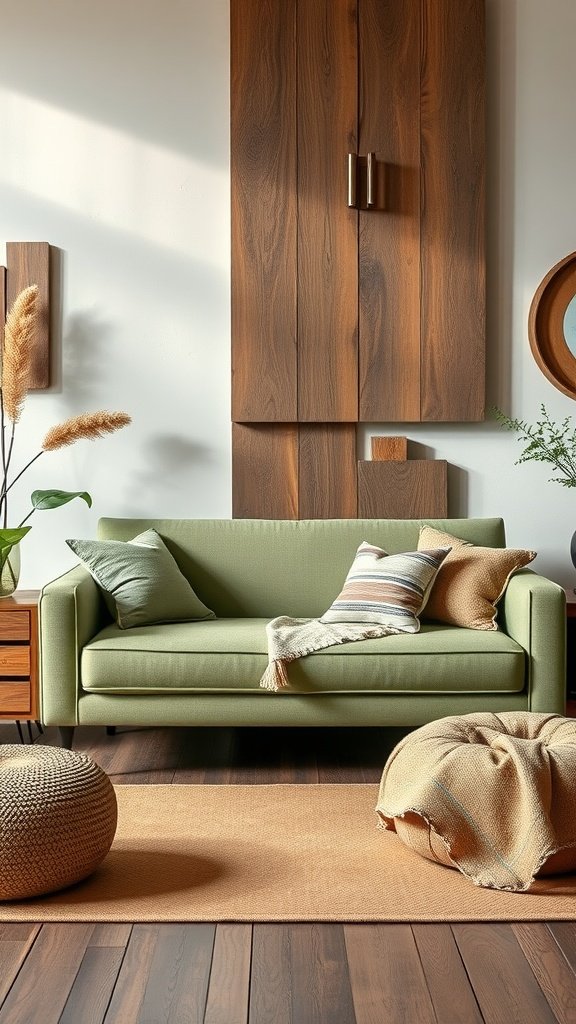 A sage green sofa with pillows in a cozy setting featuring warm wooden cabinets and a soft rug.