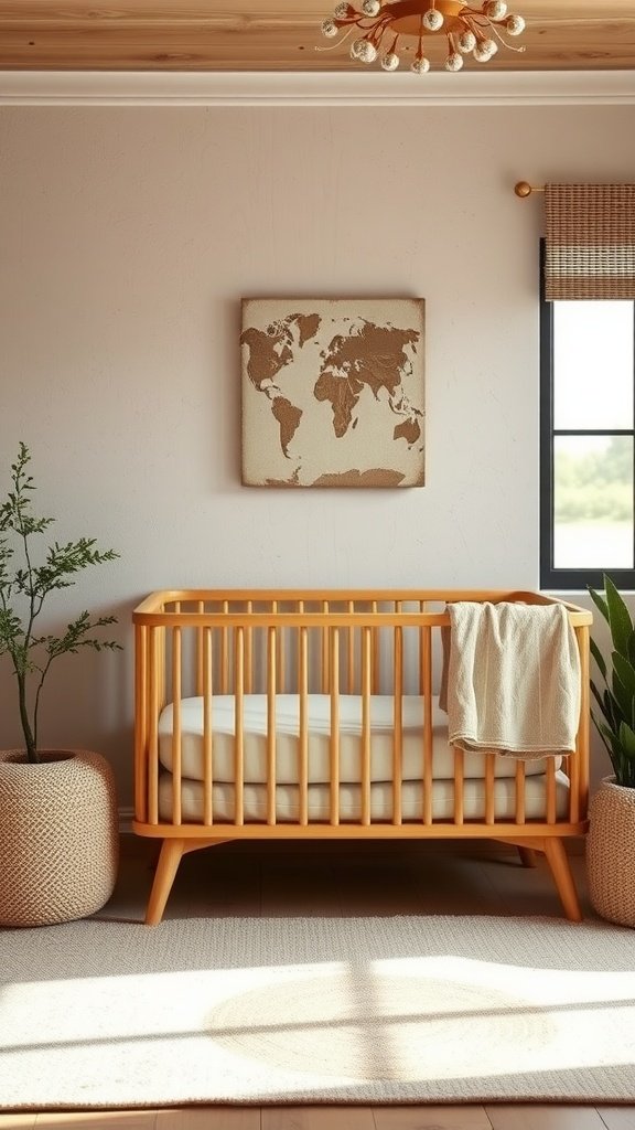A modern nursery featuring a wooden crib, plants, and earthy decor elements.
