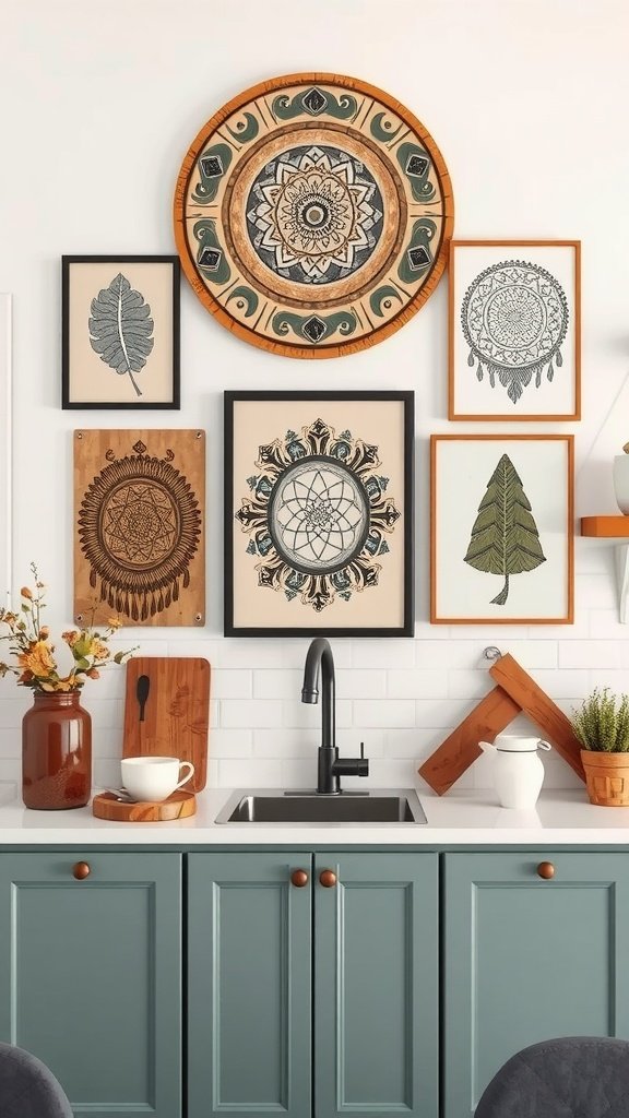 A collection of boho wall art featuring leaf and geometric designs in a kitchen.