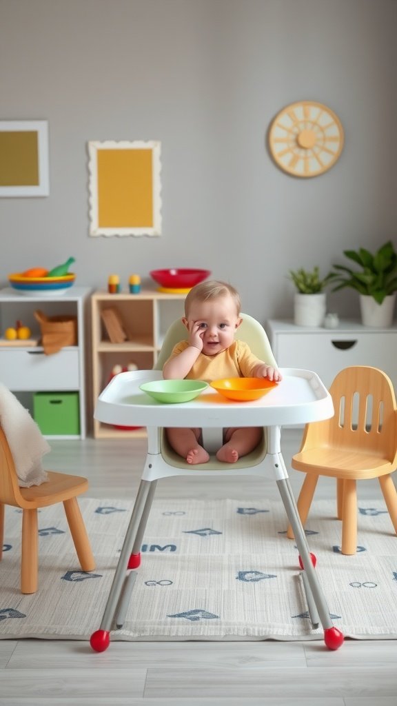 A toddler sitting in a high chair with colorful bowls in front of them, surrounded by cheerful furniture.