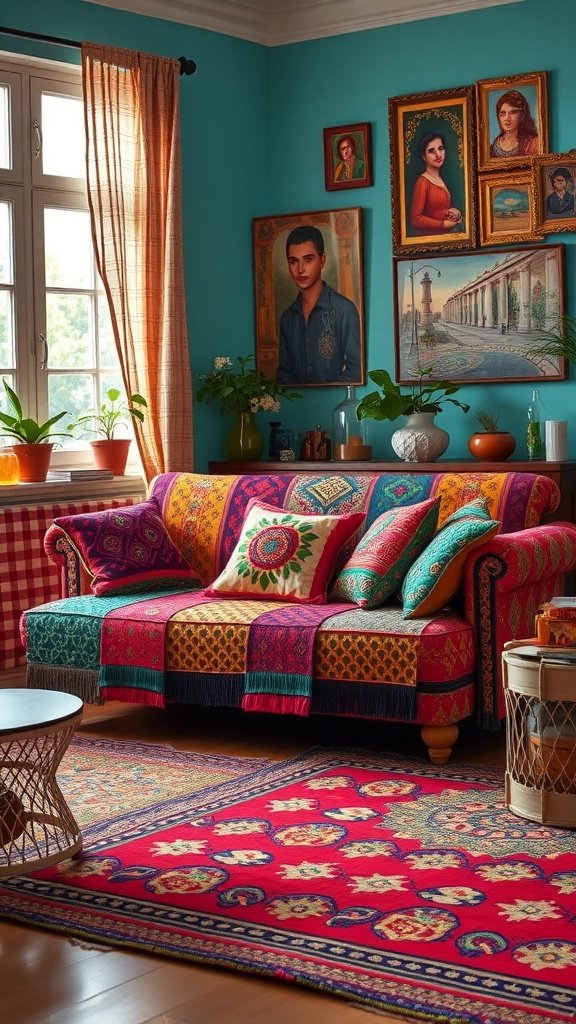 A colorful bohemian sofa with vibrant patterns and decorative pillows in a stylish living room.