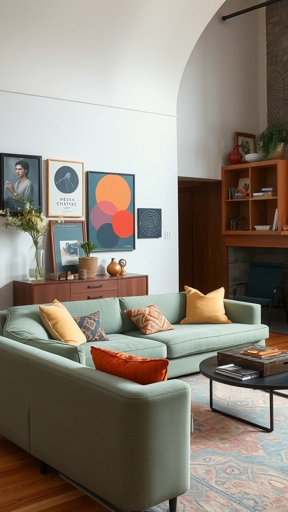 A stylish living room featuring a sage green sofa, warm wood furniture, and eclectic decor.