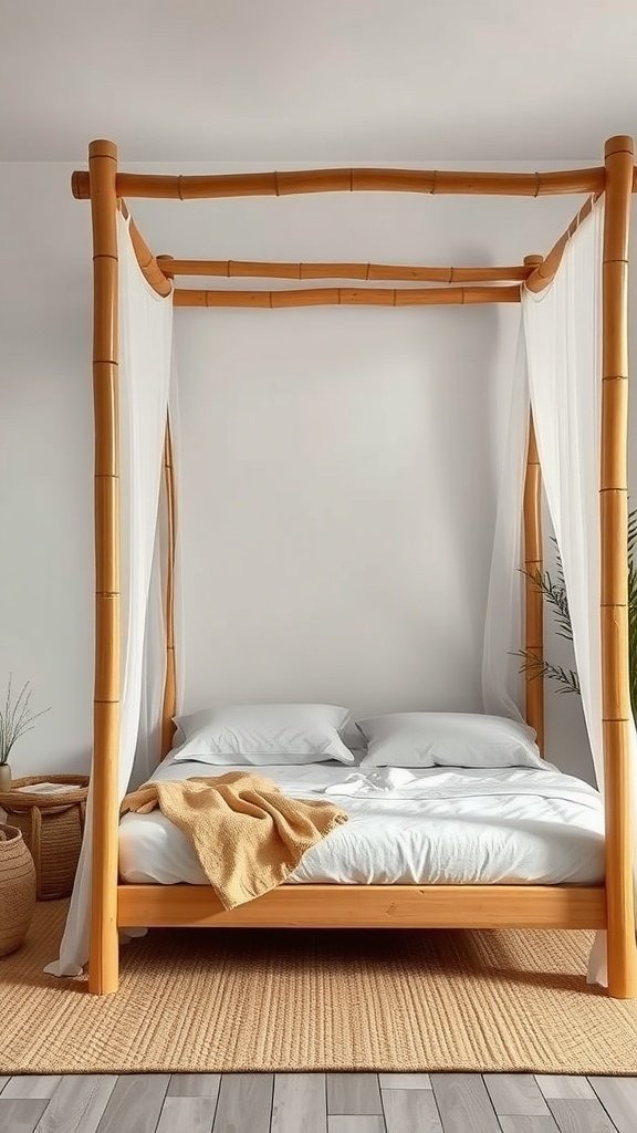 Eco-friendly bamboo canopy bed with white curtains and cozy bedding.