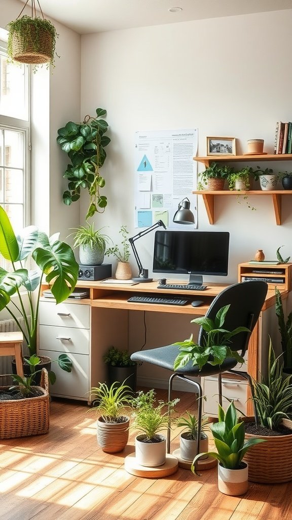 A cozy home office with plants, a desk, and natural light.