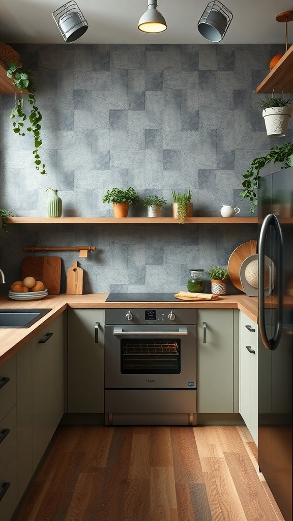 A modern kitchen with green plants and natural materials.