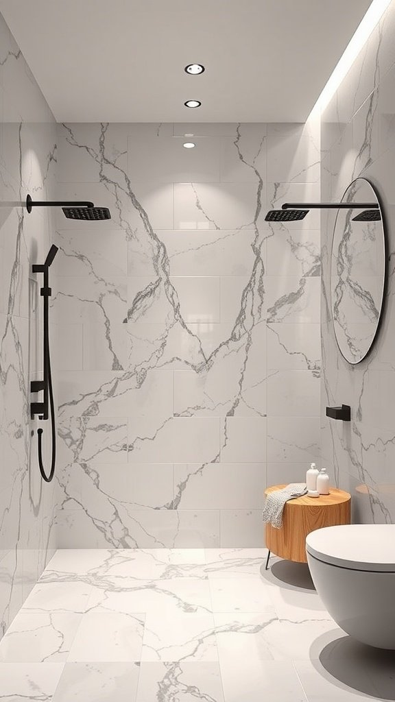 Modern shower design with sleek marble veining, featuring elegant fixtures and eco-friendly alternatives.