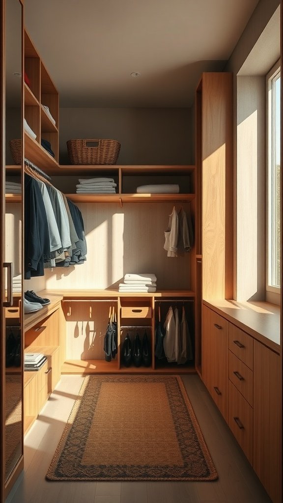 A walk-in closet featuring wooden shelves, neatly organized clothes, and natural light from a window.