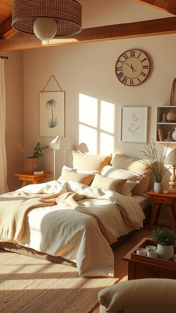 A cozy bedroom featuring earthy tones and natural materials