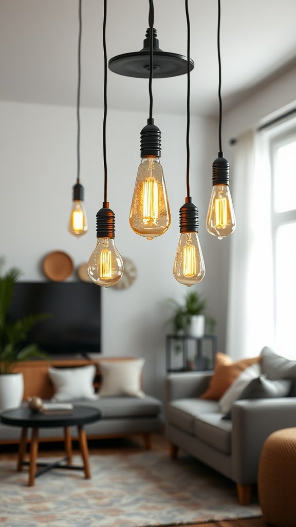 Hanging Edison bulbs in a stylish living room