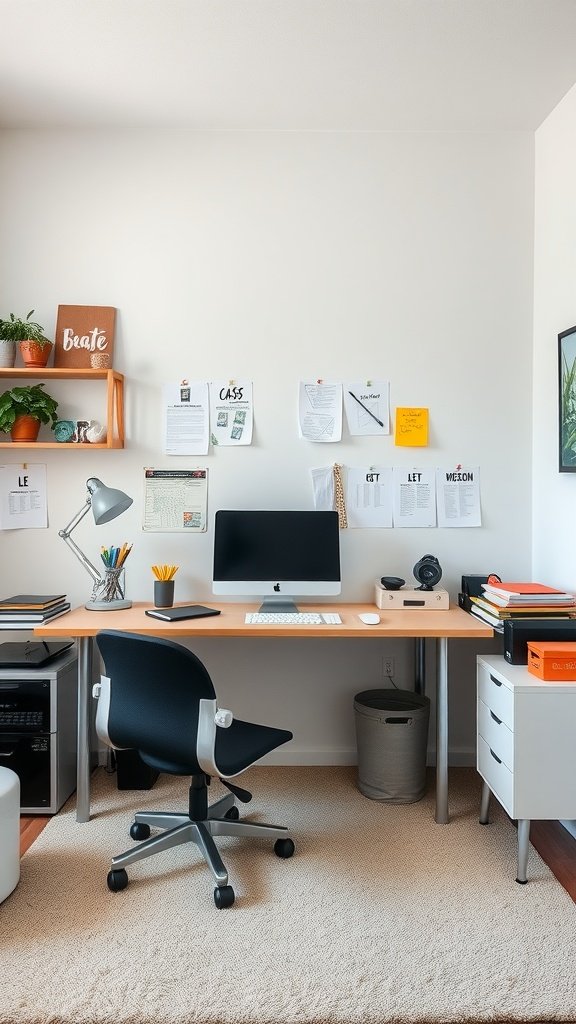 A cozy home office setup featuring a desk with an organized workspace, plants, and wall decor.