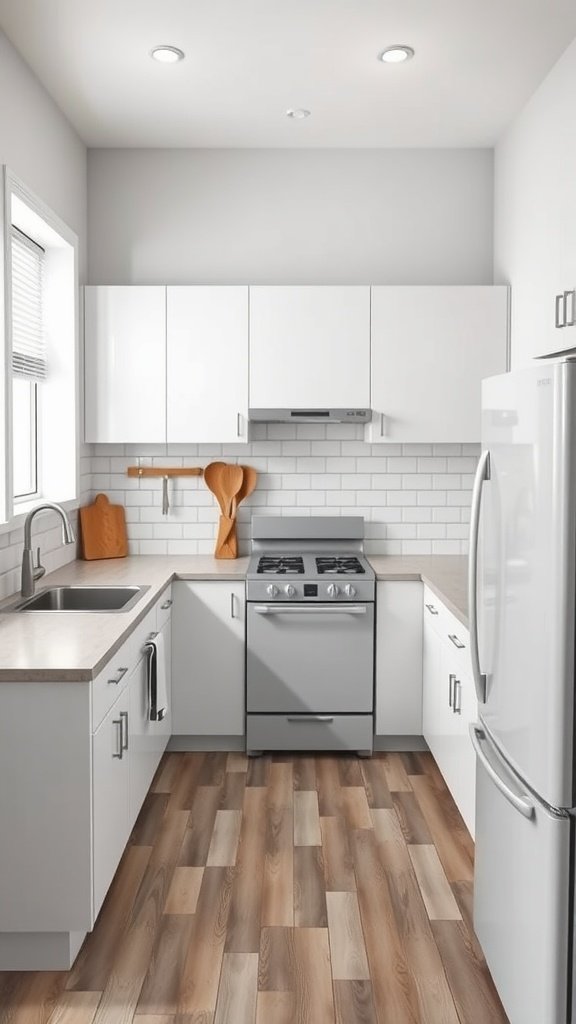 A modern modular kitchen with white cabinets and wooden floor.