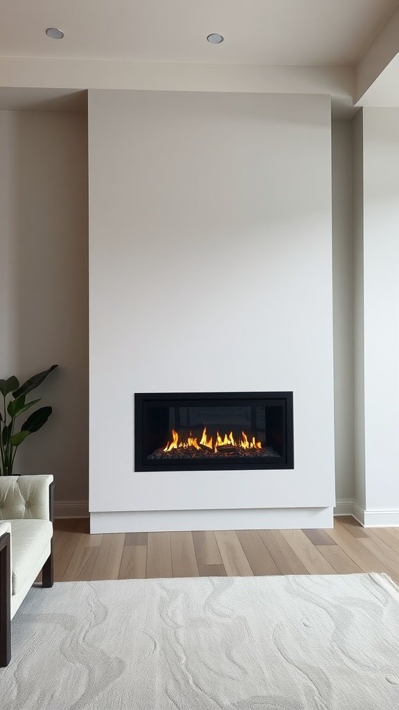 A contemporary electric fireplace with a sleek black frame and flames, set against a simple white wall.
