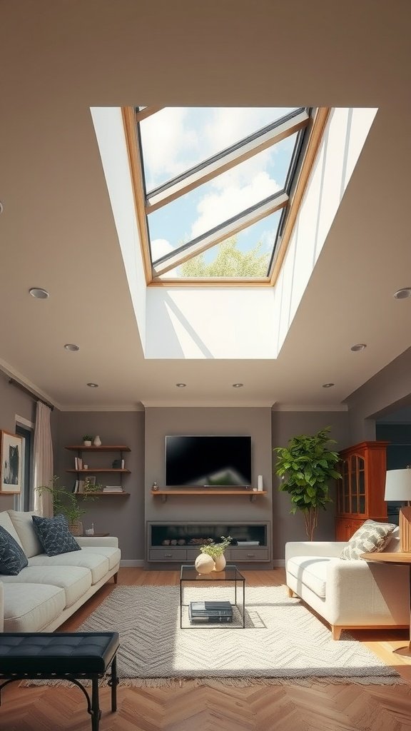Cozy living room with electric venting skylights bringing in light and fresh air.