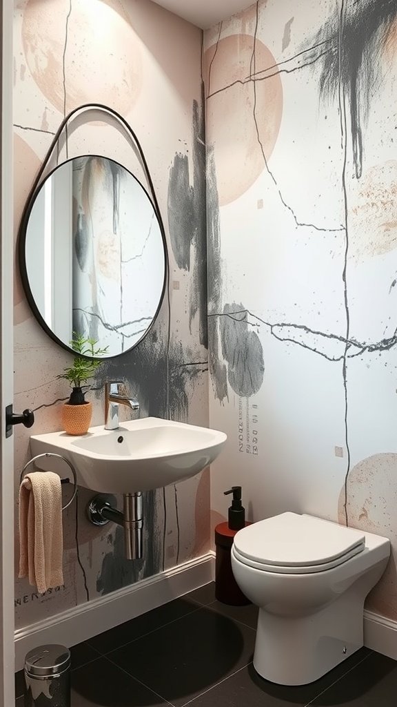 A small bathroom featuring elegant abstract art wallpaper in soft colors.