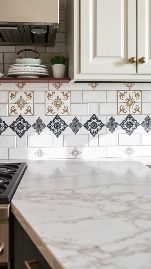 A close-up view of a kitchen backsplash with geometric patterns, complementing marble countertops.