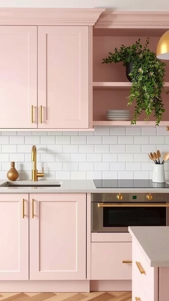 A kitchen with blush pink cabinets, gold hardware, and a modern design.