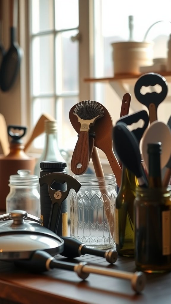 A collection of elegant bottle openers and utensils in a cozy kitchen setting.