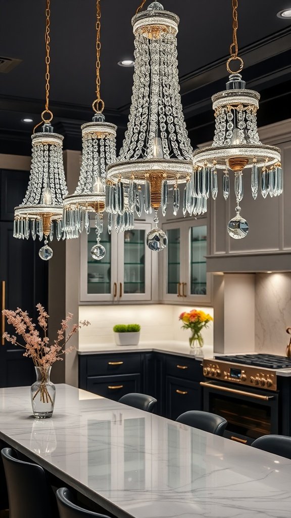 A stunning crystal chandelier hanging in a modern kitchen with dark cabinets.